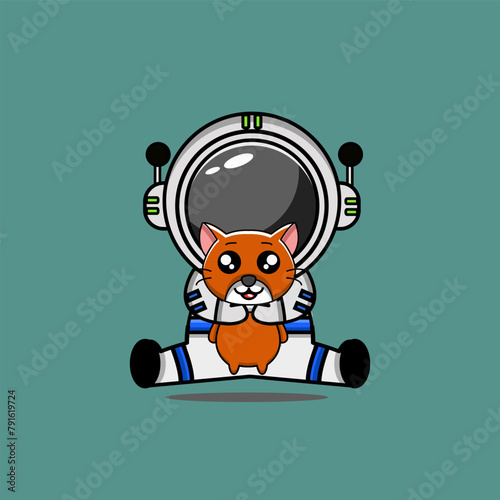 cute vector design illustration of an astronaut mascot sitting and hugging a cat