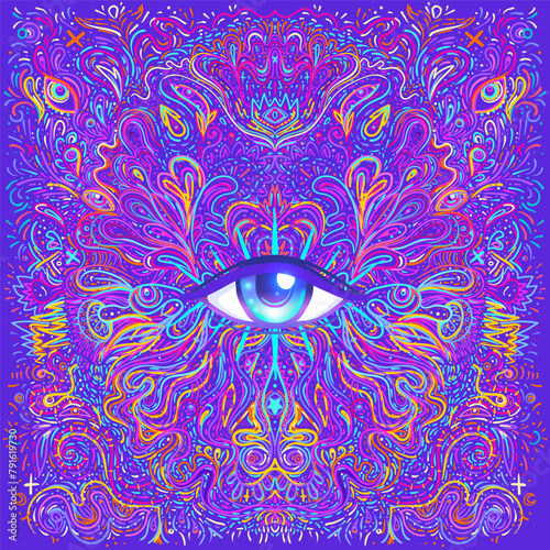 Sacred geometry symbol with all seeing eye over in acid colors. Mystic, alche...