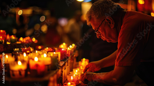 A man lights a candle in memory of the deceased