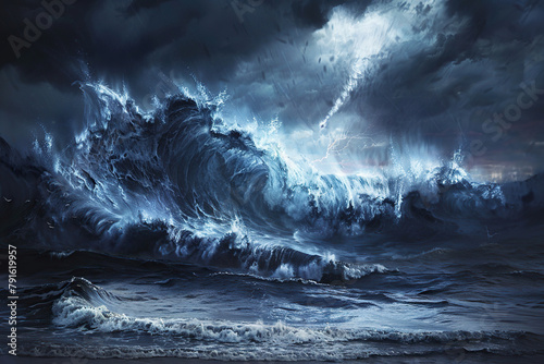 Generative ai on theme of a scary tsunami with huge foamy wave, apocalyptic dramatic background photo