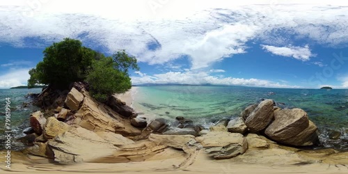 Beautiful sandy beach and blue sea. Borneo, Malaysia. Mamutik Beach. VR 360. photo