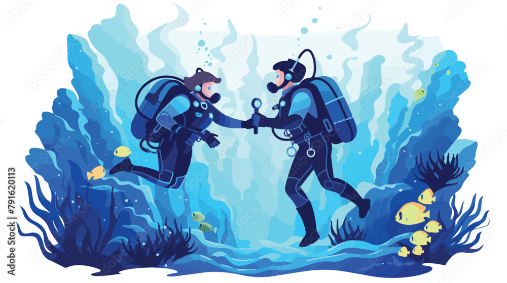 Illustration of scuba divers greeting while swimmin