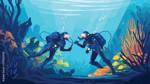 Illustration of scuba divers greeting while swimmin