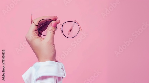 Against an isolated pink background  the hand of a Hispanic man holds glasses.
