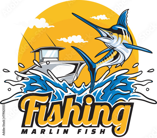 Vector Illustration of Marlin Fish, Boat and Water Splash with Vintage Illustration Available for Logo Badge