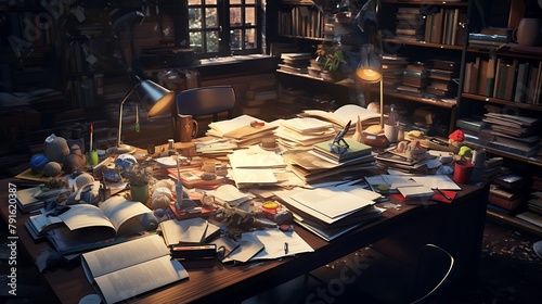 A student's desk cluttered with textbooks and notes, with a fountain pen lying amidst the chaos, ready for study sessions