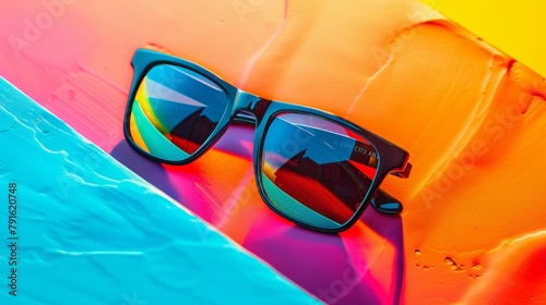 sunglasses isolated image with vibrant backdrop and creative camera angle.