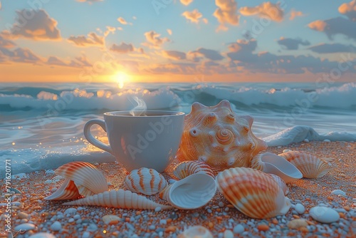 the warm steaming cup of coffee with gentle morning in the beach scene background professional photography