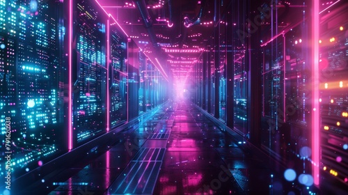 A high-tech quantum blockchain server room photo