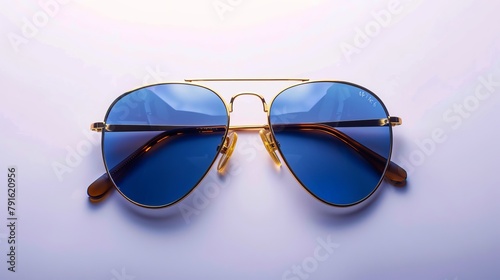 Top view of new, fashionable aviator sunglasses isolated on white.