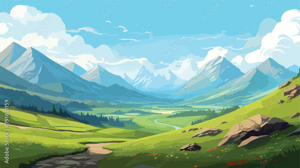 Illustration with Panorama Mountains view. Wonderfu