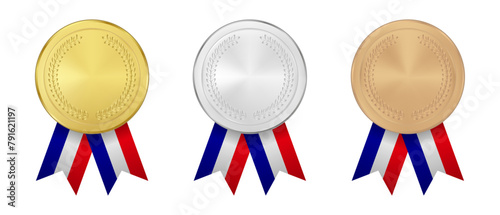 Gold, silver, bronze olympic medals with elegant ribbon in french flag colors, isolated on transparent background. Realistic vector illustration.