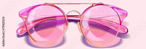 Pink, rounded-frame sunglasses. A pair of colorful glasses with a transparent gold frame for the blind.