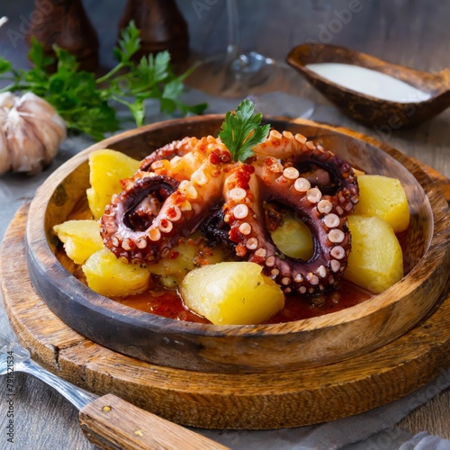 Food shot of a "Pulpo a la Gallega" plate, it´s a delicious seafood tapas with simple ingredients octopus, paprika, olive oil and boiled potato. Typical from coastal northern Spain served with bread.