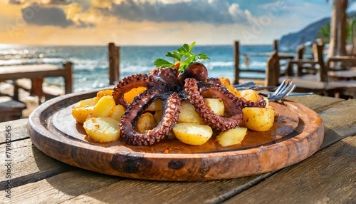 Food shot of a "Pulpo a la Gallega" plate, it´s a delicious seafood tapas with simple ingredients octopus, paprika, olive oil and boiled potato. Typical from coastal northern Spain served with bread.