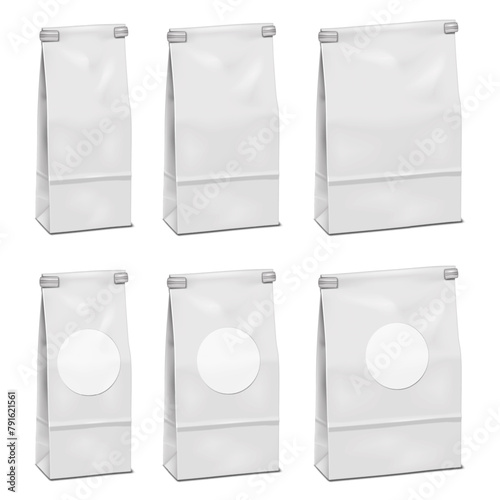 Blank white flat bottom tin tie paper bag with round label sticker. Vector mock-up set. Reclosable gusseted pouch packaging for coffee, tea, snacks. Various sizes mockup kit. Template for design