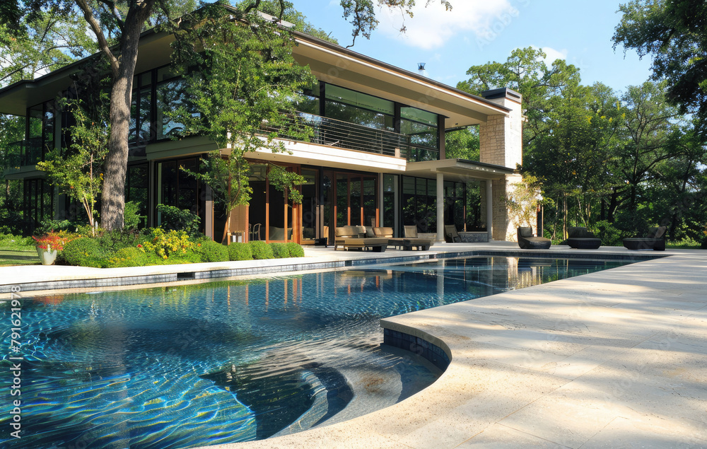 A large, simple pool in the backyard of an upperclass home with a concrete patio and trees and a blue sky