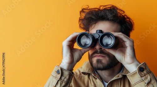 Man looking through binoculars on yellow background. Find and search concept.