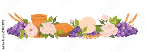 Composition of Christian symbols, attributes of the first communion. Golden bowl for wine, bread, wine, grapes, white roses in flat style. Design elements for an invitation to the Holy Eucharist.