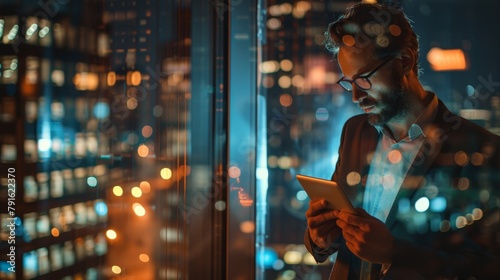 Businessman with tablet, serious in office, browsing or scrolling by window with city lights at night. Technology, lateness, and touchscreen professional for research deadline.