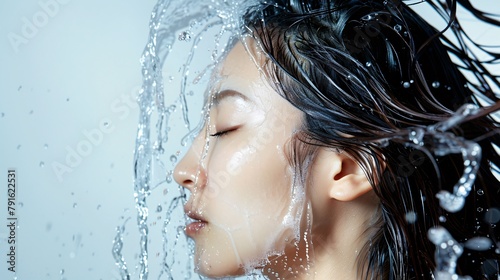 Beautiful face of young asian woman with with wet hair and splashes of water on her face. clean fresh skin.