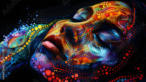 Colorful Picture of a Woman's Body with Dots Art, A colorful portrait of a woman with a black background and a black background 