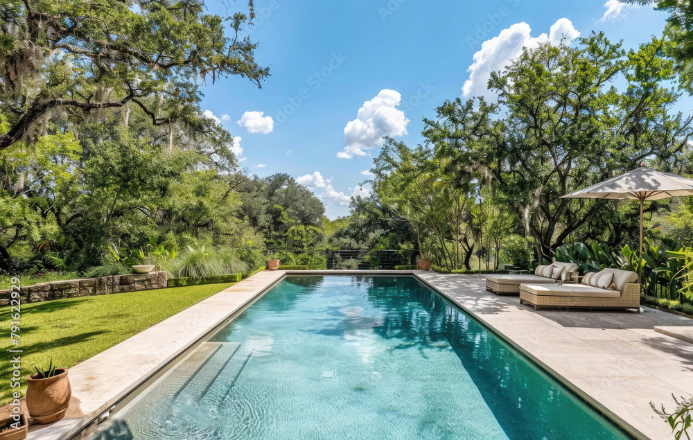 A large, simple pool in the backyard of an upperclass home with a concrete patio and trees and a blue sky