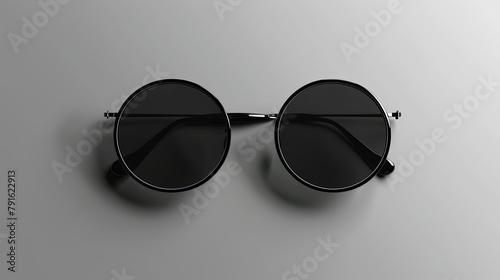 Elegant circular glasses with tinted glass that are surrounded by shadows. retro glasses in black.