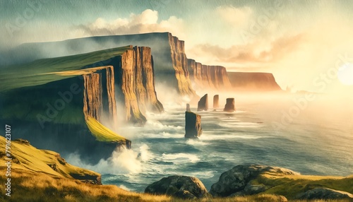 Watercolor Painting of Cliffs of Eysturoy, Faroe Islands photo