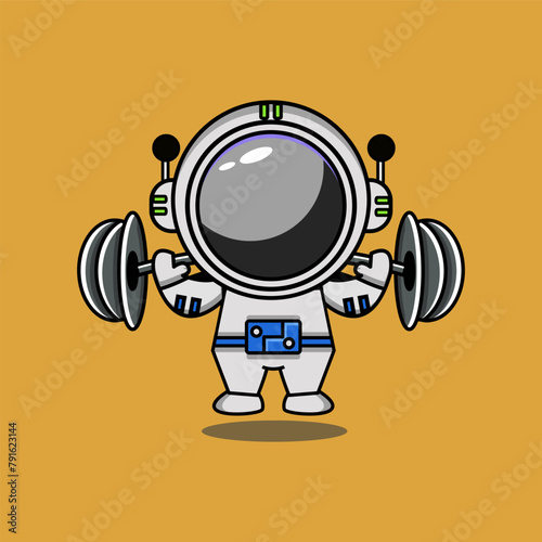 cute vector design illustration of an astronaut mascot lifting a barbell