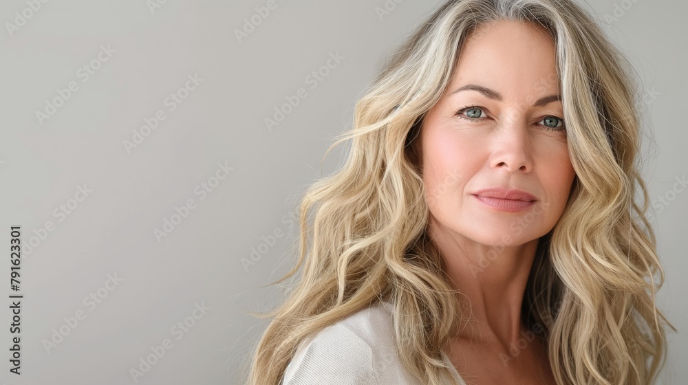 Beautiful gorgeous 50s mid aged mature woman in light clothes looking at camera isolated on white with healthy glowing skin and perfect skincare Beautiful gorgeous 50s mid aged mature woman in light clothes looking at camera isolated on white with healthy glowing skin and perfect skincare