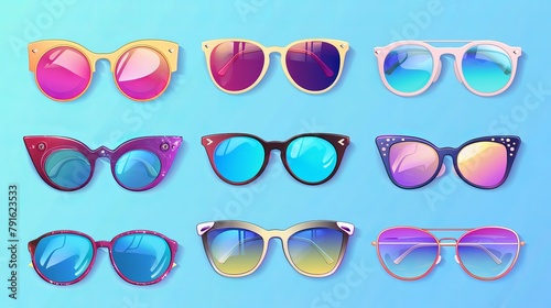 Sunglasses set for summertime protection from the sun. Accessory for fashionable spectacles. Modern eyeglasses with a plastic frame. Vacation item. Vector