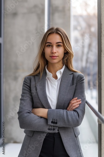 Professional young woman in a smart grey suit standing confidently with arms crossed