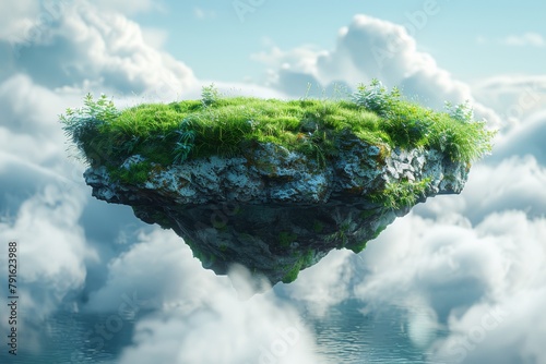 Isolated floating grass field on a floating stone. Green environment on a flying piece of land isolated with clouds. 3D illustration. © DZMITRY