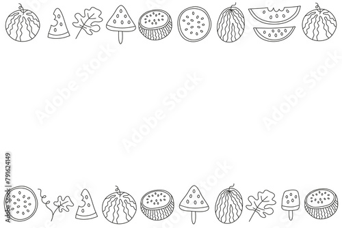 Poster with cute doodle outline watermelon slices isolated on white background.