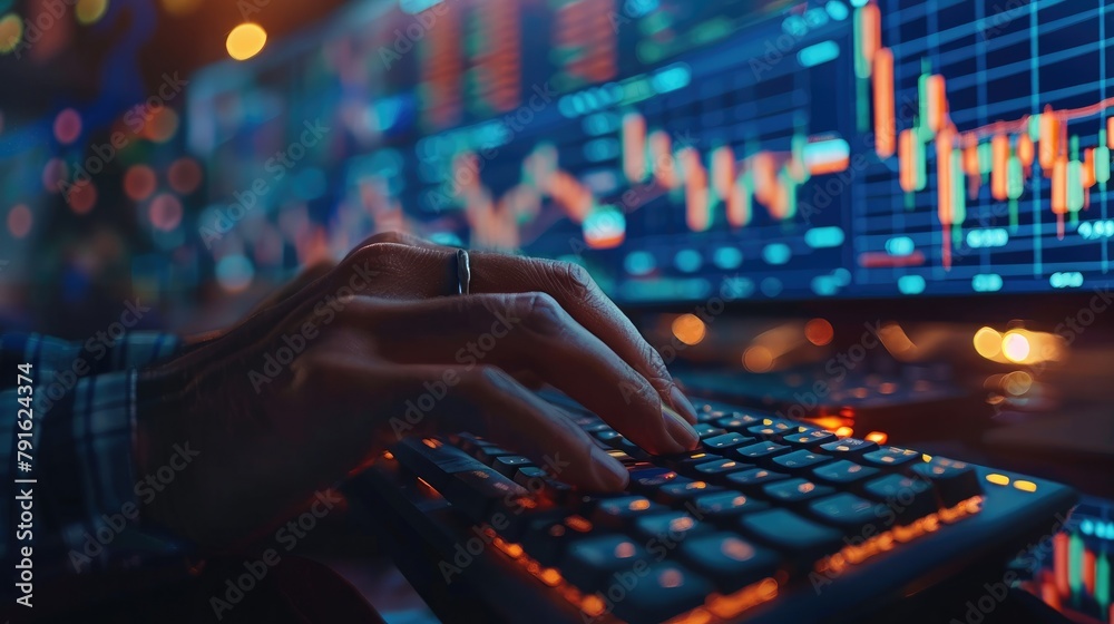 A closeup of hands typing on a keyboard with stock market charts and graphs in the background, working in an office. A businessman woman using a computer for financial online trading. Generative AI. A closeup of hands typing on a keyboard with stock market charts and graphs in the background, working in an office. A businessman woman using a computer for financial online trading. Generative AI.