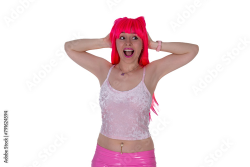Woman dressed like a doll. beautiful sexy woman in camisole and pink skirt on white background. Red hair girl wears pink wig with fringe.  big smile on face, woman closes ears, does not want to hear photo