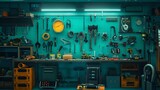 Organized workshop with a variety of tools on display. Neatly arranged garage workspace. Professional and hobbyist equipment. Ideal for DIY projects. AI