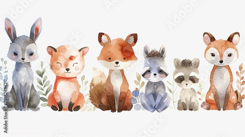 Collection of very cute chibistyle woodland animals in bright pastels