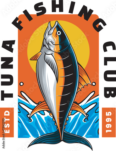 Vector Illustration of Tuna Fish and Water Splash with Vintage Illustration Available for Logo Badge