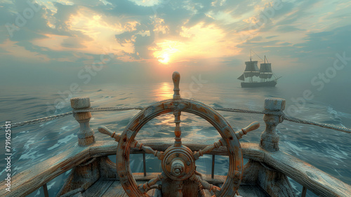 Ship's wheel facing sunset on ocean