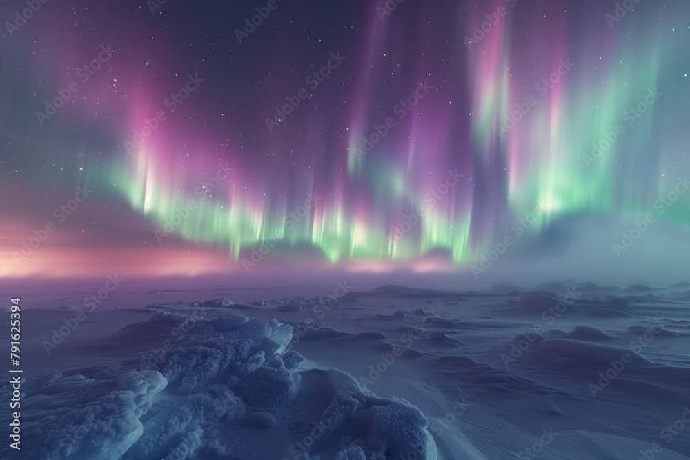 Ethereal pastel shades of the Aurora Borealis ripple over the frozen moonlit Arctic tundra
