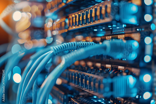 closeup of network switch and blue cable in data center, blurred background