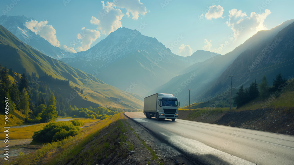 A large truck carries cargo along a highway through beautiful mountains - obrazy, fototapety, plakaty 