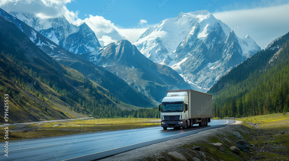 A large truck carries cargo along a highway through beautiful mountains A large truck carries cargo along a highway through beautiful mountains
