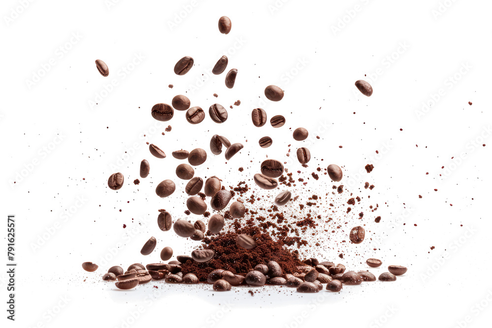 coffee bean explosion splash flying in the air isolated on transparent background