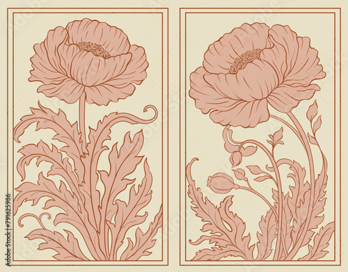 Frame with a peony in the style of Victorian Art Nouveau. Beautiful peony modern vintage floral composition 1920-1930 years.
