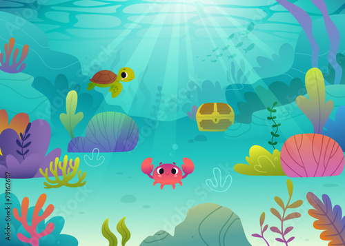 Cartoon seabed with cute sea animals. Vector underwater seascape with plants and baby animals. © Sonium_art