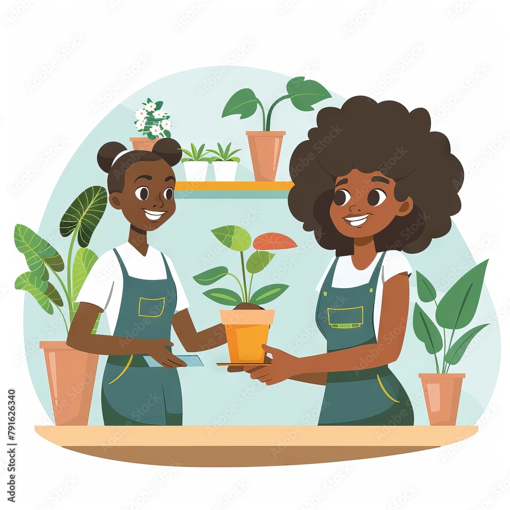 Happy African American florist serving her customer who is buying potted plant at flower shop. 