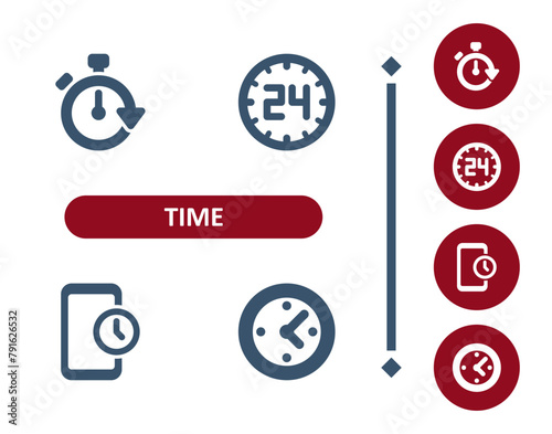 Time icons. Deadline, schedule, clock, appointment, timer, stopwatch, around the clock, 24 hours, smartphone, wall clock icon
